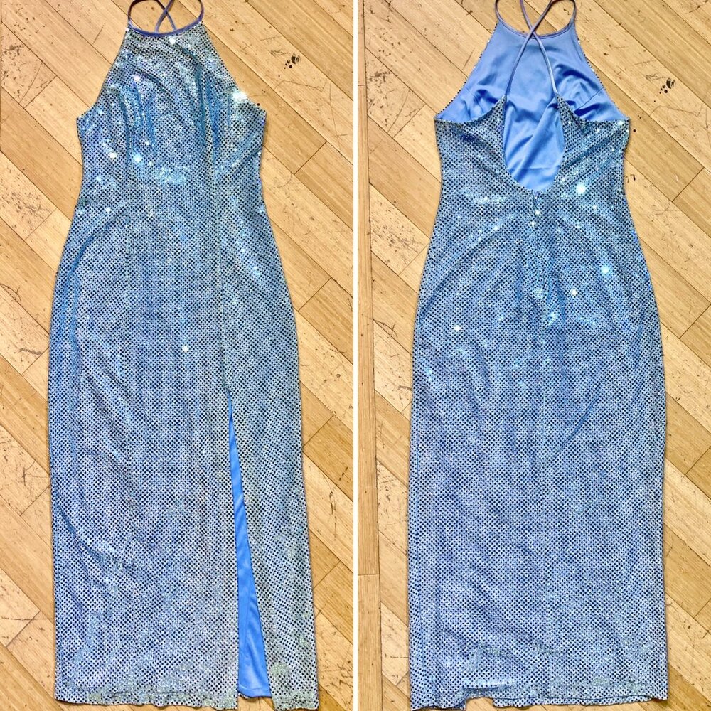 Vtg 90s confetti dot sequin silver blue prom maxi slip dres evening gown keyhole - Picture 2 of 5